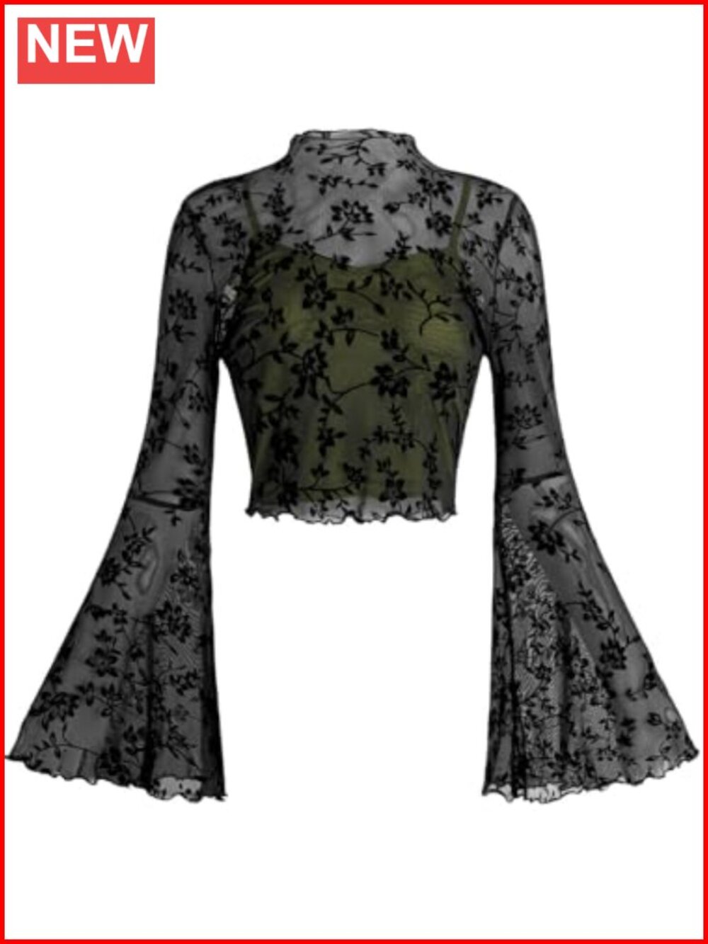 Women's Gothic Mesh Bell Sleeve Crop Top Floral Concert Outfit